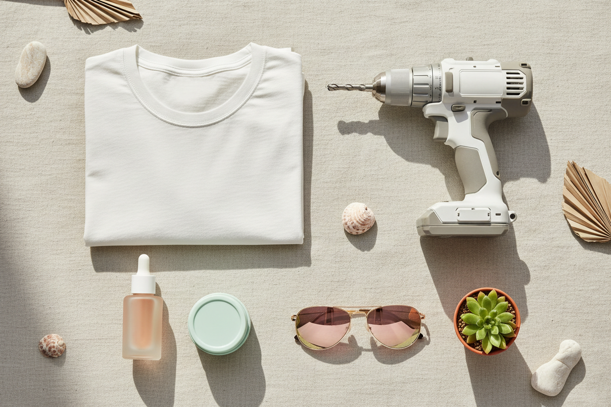 Create me a image with no text on it, but create that it shows the store sell from clothes to tools and beauty products. Include some summer vibe things but at the same time keep it simple